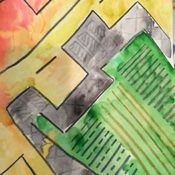 A painting from an arts integration project displaying various shapes, lines, and colors